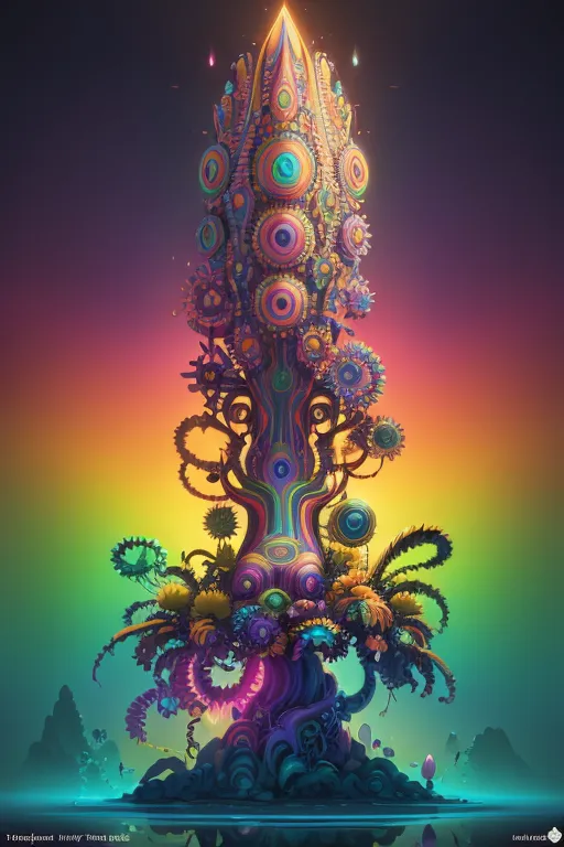 The image is a psychedelic tree with many branches and flowers. The tree is in the center of the image and is surrounded by a rainbow-colored background. The tree is made up of many different colors and shapes, and it has a very unique and interesting design. The flowers on the tree are also very colorful and have a unique design. The image is very visually appealing and it is clear that a lot of thought and effort went into creating it.