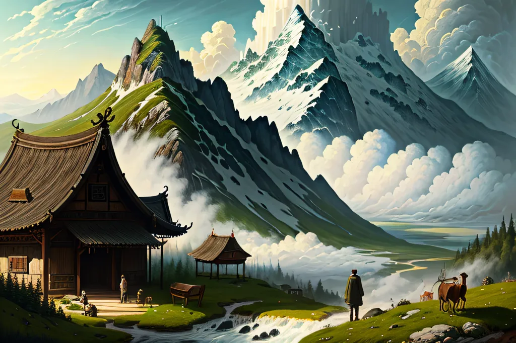 The image is a beautiful landscape painting of a mountain valley. The mountains are covered in snow, the trees are lush and green, and the river is flowing peacefully through the valley. There is a house in the middle of the valley, and a person is standing next to it. The person is looking out at the view, and they seem to be enjoying the peace and tranquility of the valley. The painting is done in a realistic style, and the colors are vibrant and lifelike. The image is very detailed, and the artist has clearly taken great care in creating it.