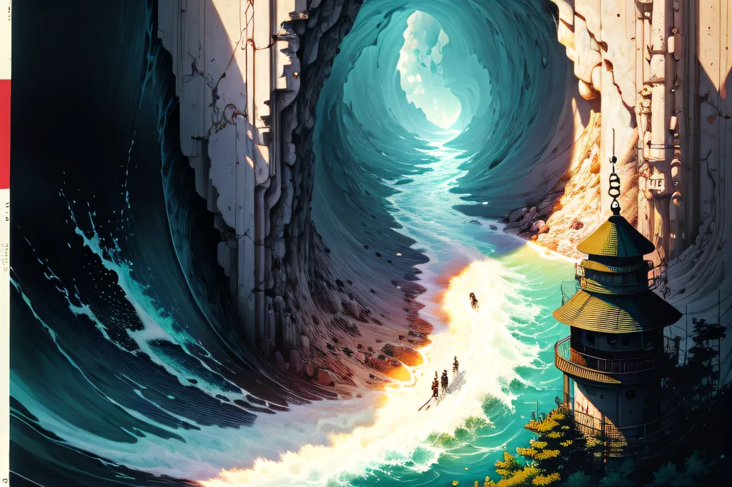 The image is a painting of a scene that looks like it could be from a dream. The painting is full of vibrant colors and has a lot of detail. The main focus of the painting is a large, blue wave that is crashing against a rocky cliff. The wave is so large that it is taller than the cliff. The cliff is made of a light-colored rock, and it is covered in vegetation. There is a small, green pagoda on top of the cliff. The pagoda is surrounded by trees. The wave is crashing against the cliff with such force that it is creating a large amount of spray. The spray is so thick that it is obscuring the view of the sky. The painting is full of movement and energy, and it captures the beauty and power of nature.