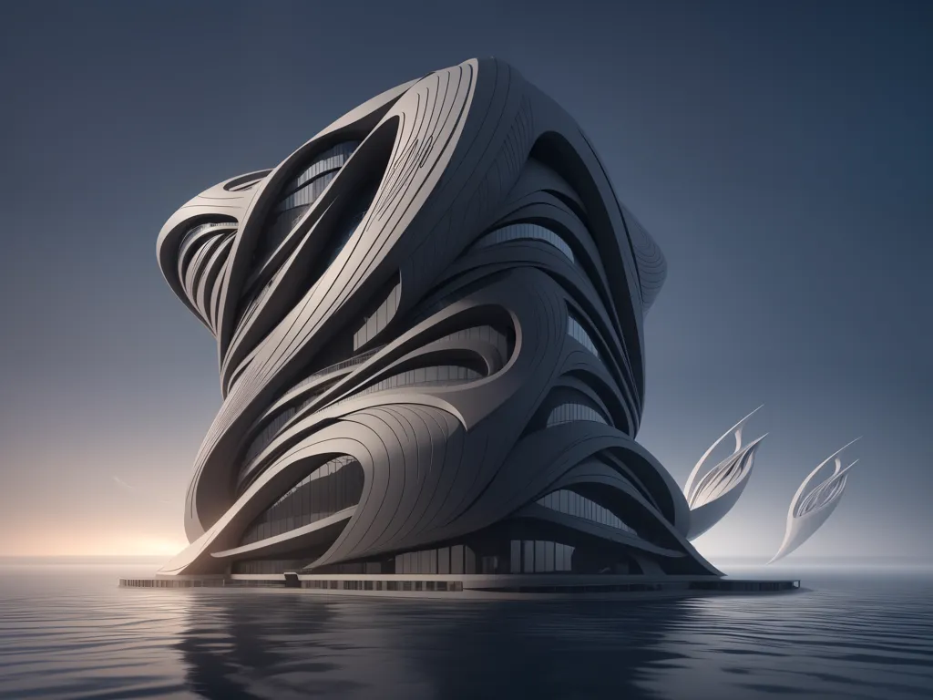 The image shows a futuristic building that appears to be floating on water. The building is made up of smooth, curved shapes and has a large, open atrium in the center. The exterior of the building is covered in glass and metal, and it reflects the light of the setting sun. The building is surrounded by a calm sea, and there are no other buildings or structures visible in the image.