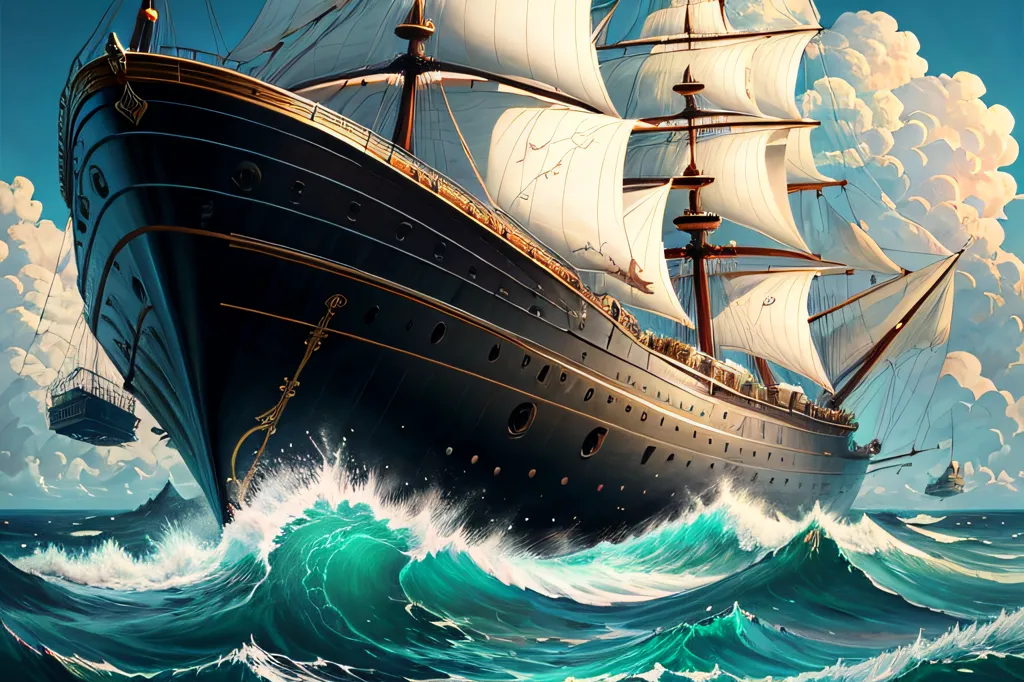 The image is of a large, black sailing ship with white sails. It is moving through a rough sea with large waves crashing against its hull. The ship is heeled over to one side and its sails are billowing in the wind. The ship is made of wood and has three masts. It has a figurehead of a woman with long hair flowing behind her. The ship is flying a flag with a red cross on a white background. In the background, there are two other ships, one of which is flying a flag with a white cross on a red background. The sky is blue and there are white clouds.