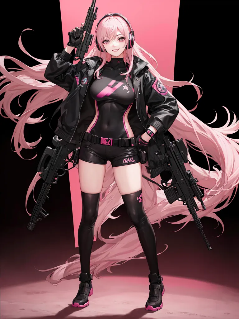 The image depicts a young woman with pink hair, fair skin, and purple eyes. She is wearing a black bodysuit with a pink stripe down the side and black shorts. She is also wearing a black jacket with pink highlights and a pair of black boots. She is holding two guns. She is standing in a dark room with a pink light shining on her.