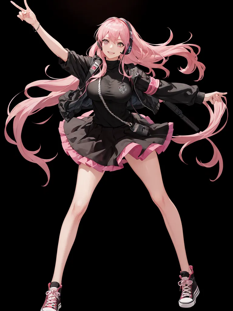 The image shows a young woman with pink hair, wearing a black jacket, a pink skirt, and headphones. She is standing with one arm in the air, and the other arm by her side. She is wearing a pair of white sneakers and has a confident smile on her face. She has a small black bag hanging from her shoulder.