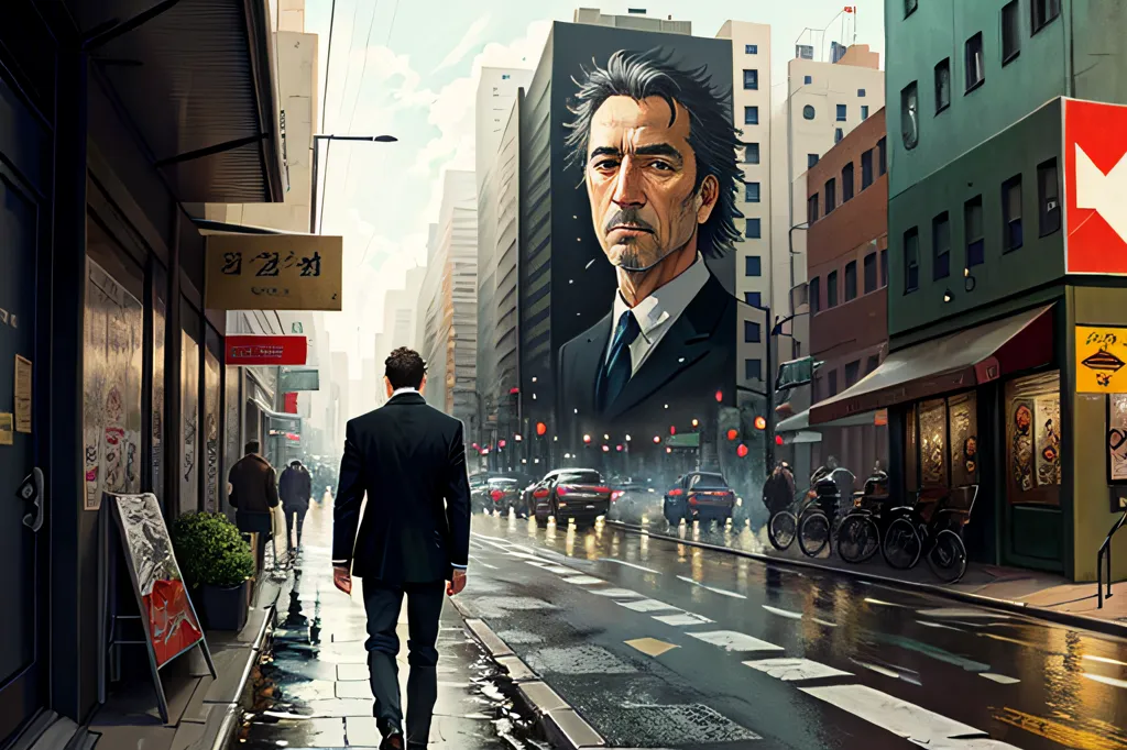 The image is a painting of a man walking down a busy street in a city. The man is wearing a black suit and hat and has his hands in his pockets. He is walking in the middle of the street, with cars parked on either side. There is a large mural of a man's face on one of the buildings. The mural is black and white, and the man in the mural is looking down at the man in the street. The street is wet from the rain, and the man's shoes are covered in water. The painting is done in a realistic style, and the artist has used a variety of techniques to create a sense of depth and realism.