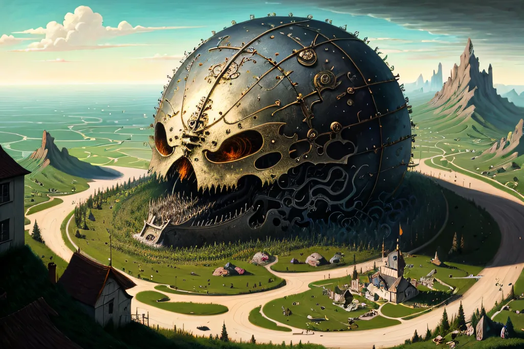 L'image est une peinture d'une ville steampunk. Il y a un grand crâne en métal au centre de la ville. Le crâne a une horloge sur le front et est entouré de plus petits bâtiments. Il y a des arbres et des montagnes en arrière-plan. La peinture a une atmosphère sombre et menaçante.