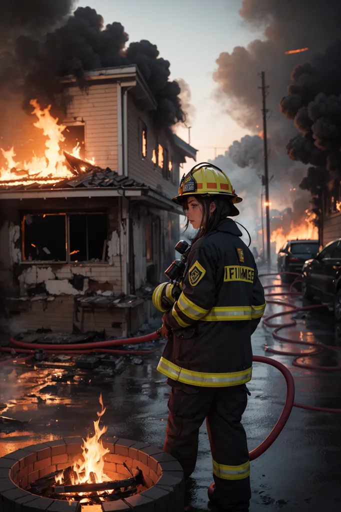 The image shows a female firefighter wearing a protective fire suit and a helmet standing in front of a burning house. The house is engulfed in flames and thick smoke billows from the windows. The firefighter is holding a fire hose and is ready to put out the fire. There are other houses in the background, some of which are also on fire. The sky is dark and there are storm clouds gathering. The image is one of danger and destruction, but also of hope and courage. The firefighter is a symbol of hope and courage, and she is determined to put out the fire and save the day.