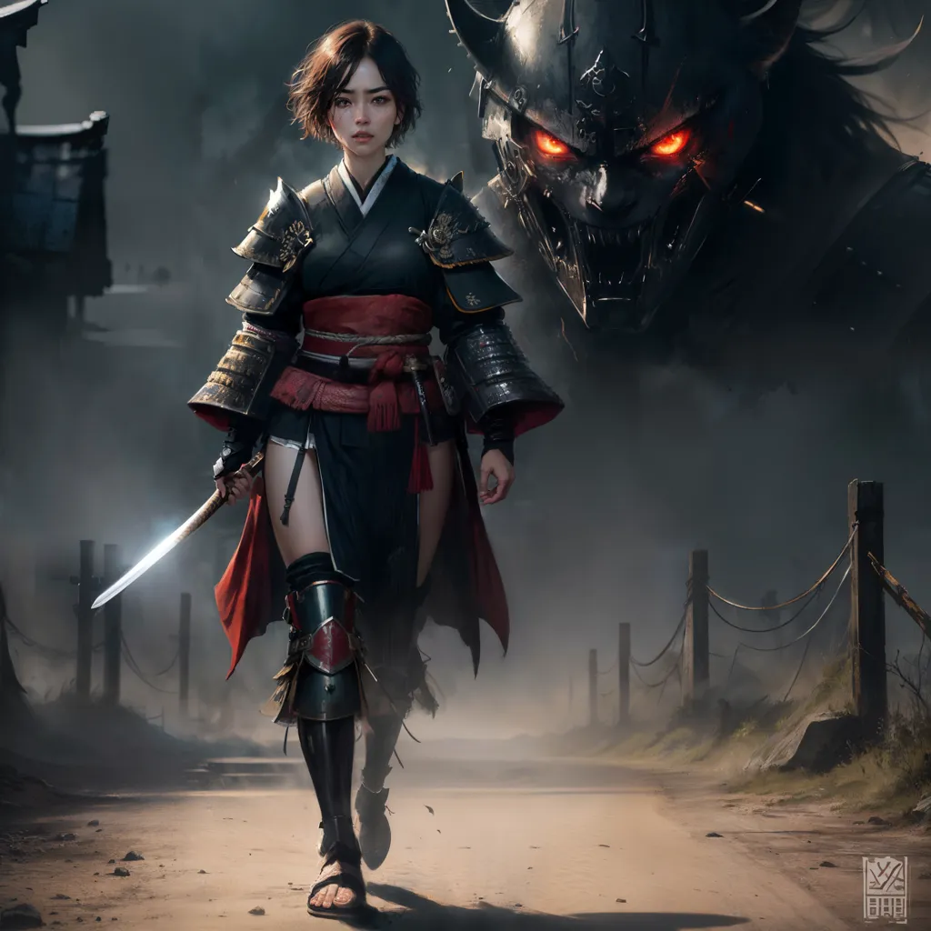 The image is of a female samurai walking towards the viewer. She is wearing a black and red kimono and has a sword in her hand. She has a determined expression on her face. In the background, there is a large, dark figure with red eyes. It appears to be a demon or other type of creature. The samurai is likely fighting this creature. The image is set in a dark and gloomy forest.