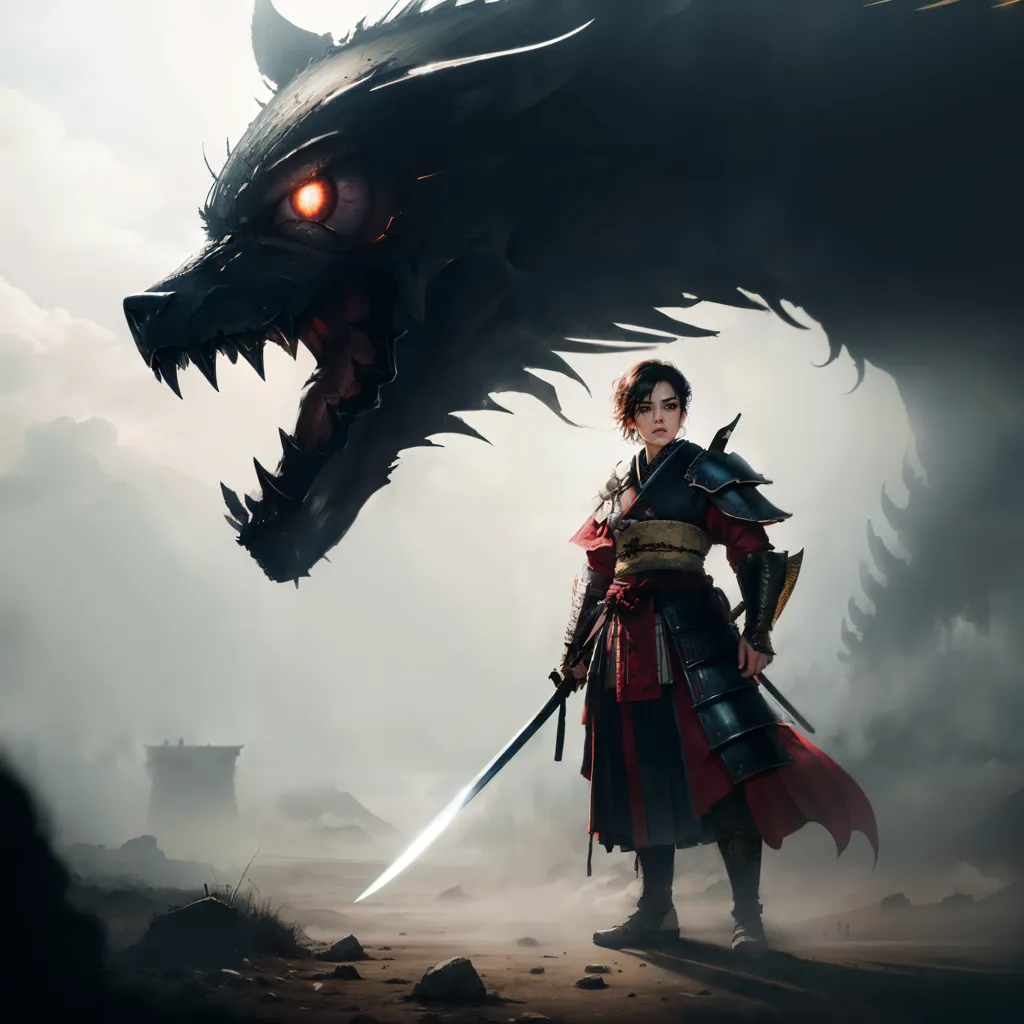 A woman in samurai armor is standing in a field, with a large wolf demon looming behind her. The woman is wearing a red and black kimono, and she has a sword in her hand. The wolf demon is black and has red eyes, and it is snarling at the woman. The background is a dark and stormy sky.