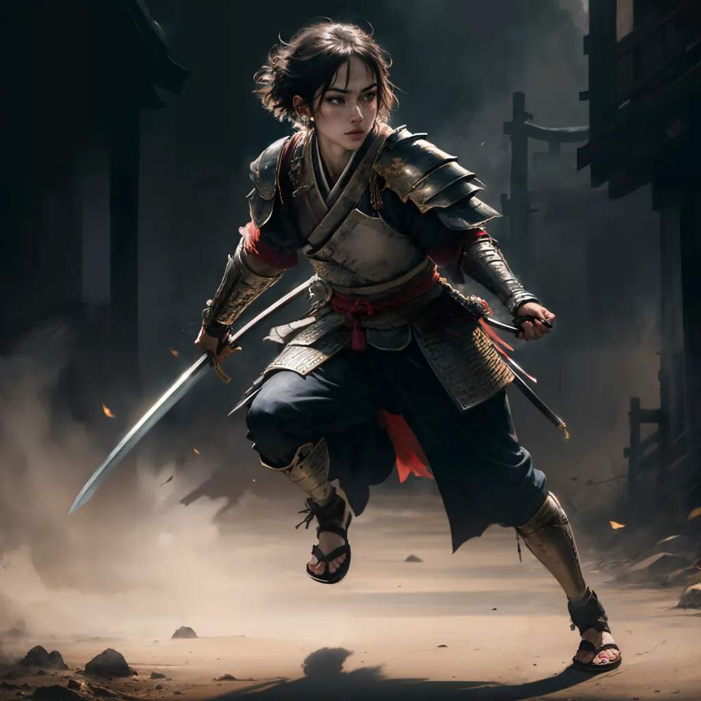 The image depicts a young woman in samurai armor, armed with two katanas. She is running towards the viewer, surrounded by smoke and debris. The woman is wearing a dark blue and red outfit, with silver and gold armor. She has a determined expression on her face, and her eyes are narrowed in concentration. The background of the image is a blur of brown and gray, suggesting that she is in a war-torn city.