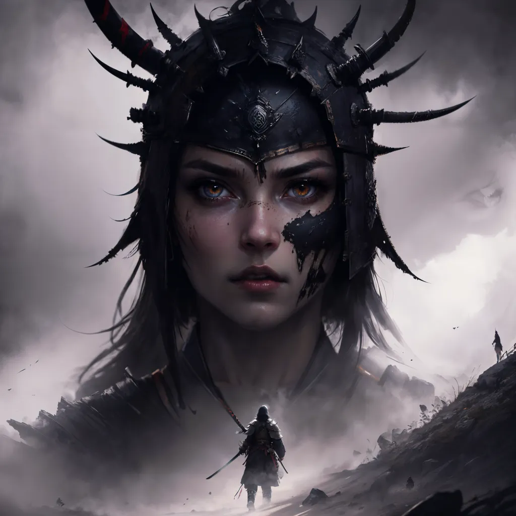 This is an image of a woman wearing a helmet with two large horns sticking out of the top and several smaller horns protruding from the sides. The helmet covers her head and the bridge of her nose, and has a red marking on the forehead piece. She is looking down at a man standing in front of her. He is much smaller than her and is wearing a samurai-style outfit. The woman's face is dirty and has a cut on her cheek. She is wearing dark eyeshadow and has brown eyes. Her hair is dark and flowing out from underneath the helmet. She is wearing a dark-colored outfit. The background is a dark, stormy sky with clouds swirling around the woman and the man.