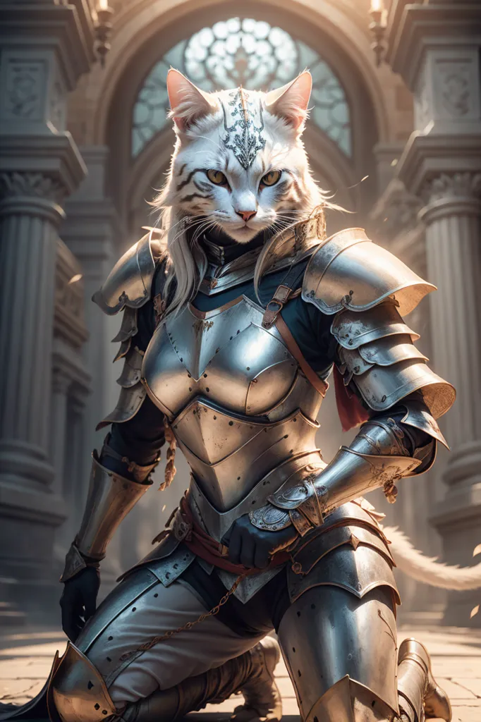 Esta imagen muestra a un gato blanco que lleva una armadura. El gato está arrodillado sobre una rodilla y tiene su mano derecha sobre su espada. Está mirando al espectador con una expresión decidida. El fondo es un desenfoque de un patio medieval.