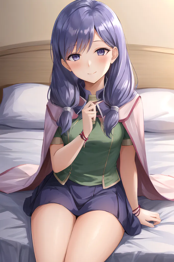 The image is of a young woman with purple hair and purple eyes. She is wearing a green shirt, a gray skirt, and a white cape. She is sitting on a bed and has a shy smile on her face.