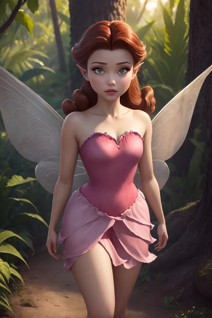 This image shows a fairy with long red hair. She is wearing a pink strapless dress with a skirt made of pink flower petals. She has green eyes and translucent pink wings. She is standing in a forest, surrounded by green leaves and flowers.