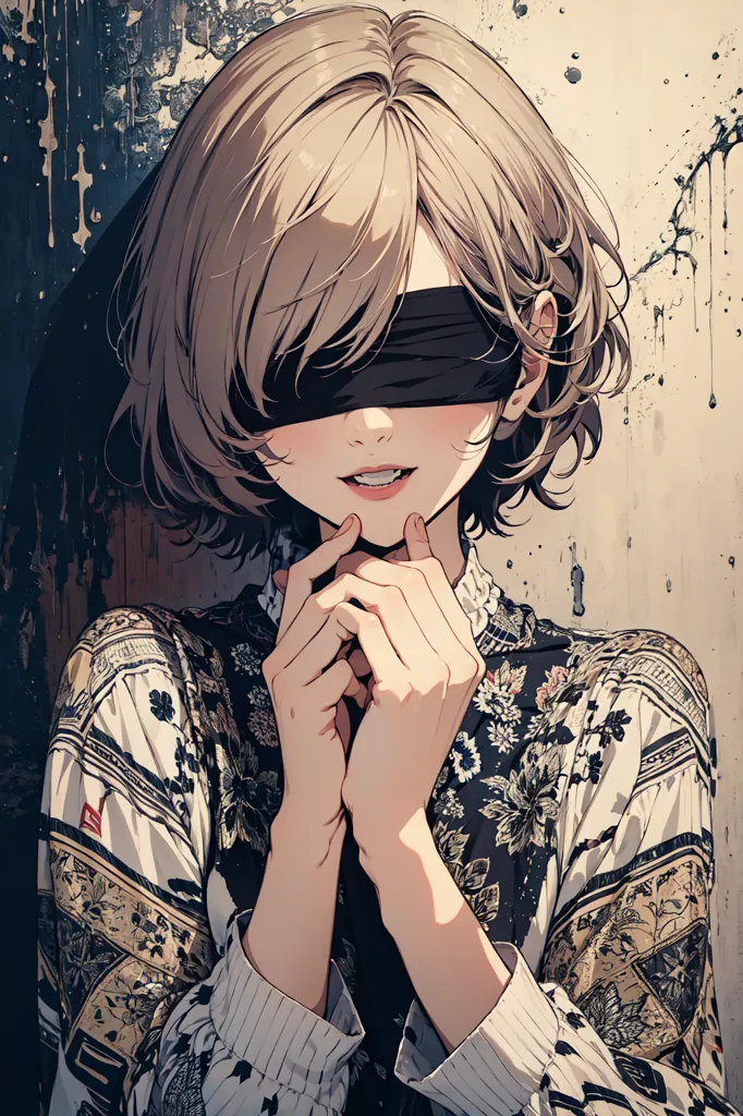 The picture shows a young woman with short brown hair. She is wearing a white shirt with gray and black designs on it. The woman is blindfolded and has a small smile on her face. She is standing in front of a gray wall.