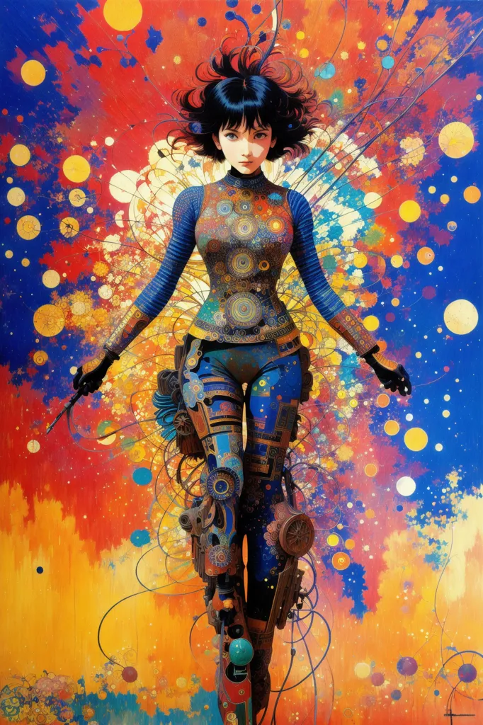 Esta imagen es una pintura de una mujer con un body azul y negro. Tiene el cabello corto y negro y está rodeada de círculos de colores. El fondo es de un amarillo y naranja brillantes. La pintura está en un estilo de arte pop y es reminiscente de la obra de Roy Lichtenstein.