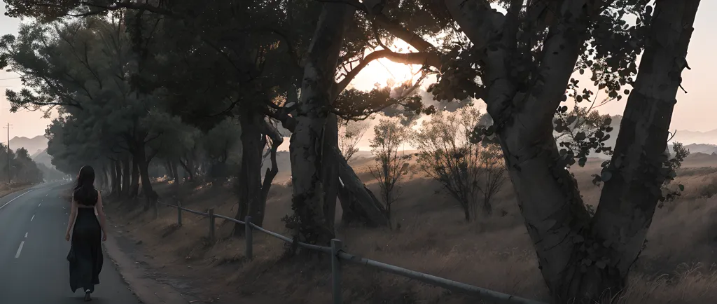 A imagem é uma estrada longa e escura com uma fileira de árvores de cada lado. As árvores são altas e com os ramos nus. A estrada está vazia, exceto por uma mulher caminhando no meio dela. A mulher está usando um vestido preto longo. Ela tem cabelos longos e escuros, e sua cabeça está abaixada. O sol está se pondo atrás das árvores, projetando uma longa sombra sobre a estrada. A imagem está cheia de mistério e suspense. Não está claro para onde a mulher está indo ou o que ela está fazendo. A estrada escura e as árvores nuas criam um senso de presságio. O vestido preto longo da mulher e sua cabeça baixa acrescentam ao senso de mistério. A imagem é um momento de pausa antes que algo aconteça. É um momento de antecipação e apreensão.