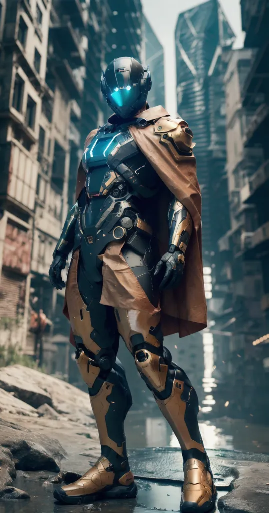 The image shows a person in a futuristic suit of armor. The armor is gold and black, and it covers the person's entire body. The person is wearing a helmet that has a blue visor. The armor has a cape that is blowing in the wind. The person is standing in a destroyed city. There are ruins of buildings all around them. The sky is dark and cloudy.