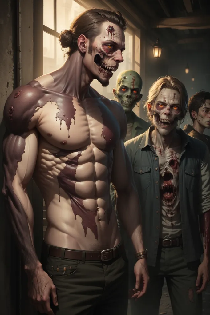 The image is of four male zombies. They are all muscular and shirtless, with their torsos covered in blood and gore. They have long, sharp claws and their teeth are bared in a snarl. The zombies are standing in a dark room, with only a single light source illuminating them from the left. The background is blurry, but it looks like there is a wall behind the zombies. The zombies are all looking at the viewer, as if they are ready to attack.