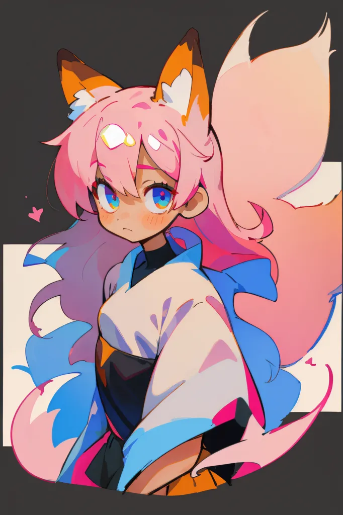 The image is a digital painting of a kitsune, a Japanese fox spirit. The kitsune is depicted as a young woman with pink hair and fox ears. She is wearing a white kimono with a blue obi. The kitsune is smiling and has a mischievous expression on her face. The background of the image is a simple gradient of light blue and pink.