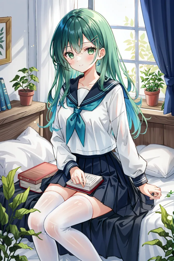 The image shows a young girl with long green hair and green eyes. She is wearing a white shirt with a blue collar and a black skirt. She is sitting on a bed, with a book in her hands. There are plants and books on the shelves behind her. The curtains on the window behind her are blue.