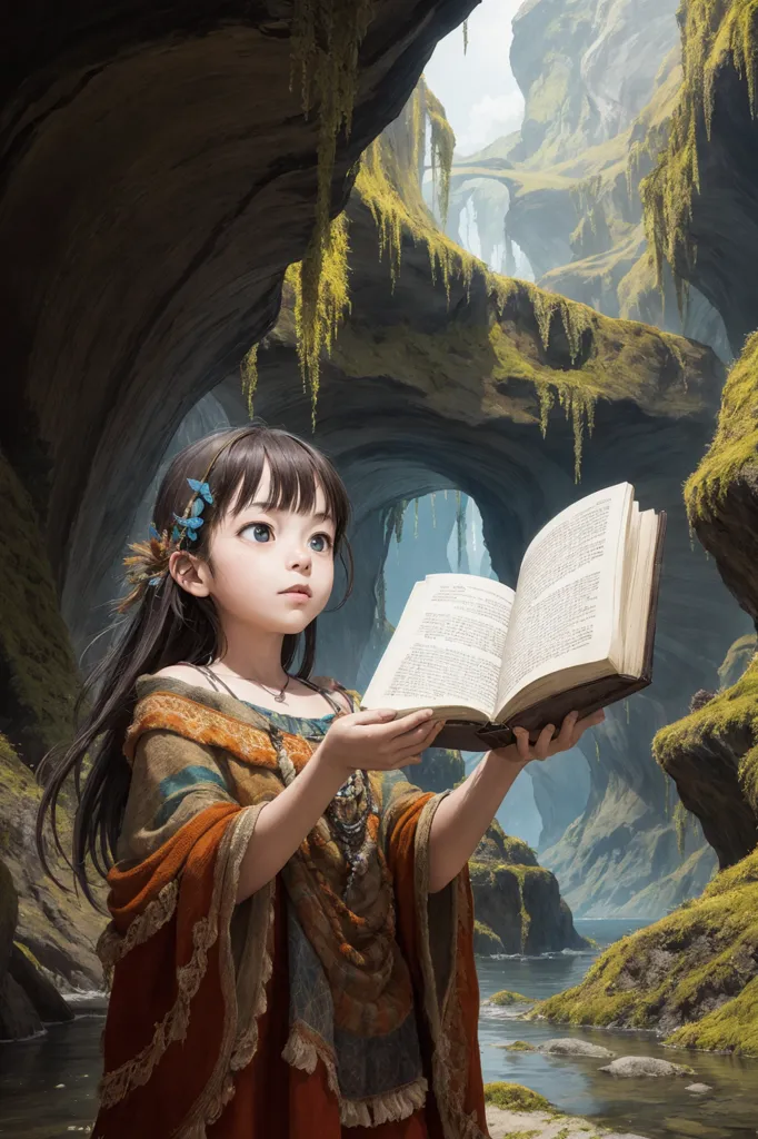 The image is of a young girl standing in a cave. She is wearing a brown cloak and a blue dress. She has long brown hair and blue eyes. She is holding a book and is looking at it with wonder in her eyes. The cave is dark and mysterious, but the girl is unafraid. She is surrounded by strange and beautiful plants and creatures. The image is full of magic and mystery.