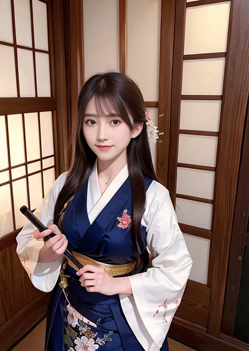 The image shows a young woman wearing a traditional Japanese kimono. The kimono is blue with white and pink floral designs. The woman has long dark hair and bangs. She is wearing a white obi sash and a pink and white flower in her hair. She is holding a katana sword in her right hand. The background is a traditional Japanese room with wooden walls and a shoji screen.