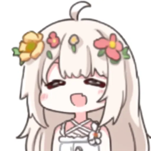 The image is of an anime girl with long white hair and pink eyes. She is wearing a white dress with a pink flower pattern. She has a happy expression on her face and is surrounded by flowers.