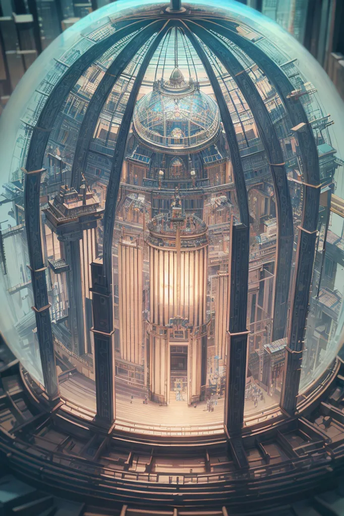 The image is a 3D rendering of a large, glass-domed building. Inside the dome is a complex structure with multiple levels and a large, stained-glass window at the top. There are people walking around on the different levels and a large, ornate chandelier hanging from the center of the dome. The building is made of a light-colored stone and has a copper roof. The image is very detailed and realistic.