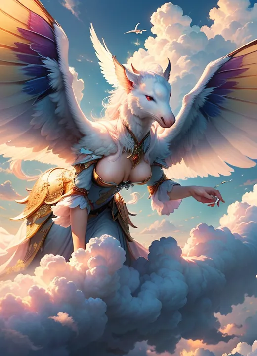 La imagen muestra un pegaso blanco con el torso de una mujer. Tiene el cabello largo y ondulante y unas alas blancas y grandes. Lleva una coraza dorada y una falda blanca. Está volando en el cielo, rodeado de nubes.