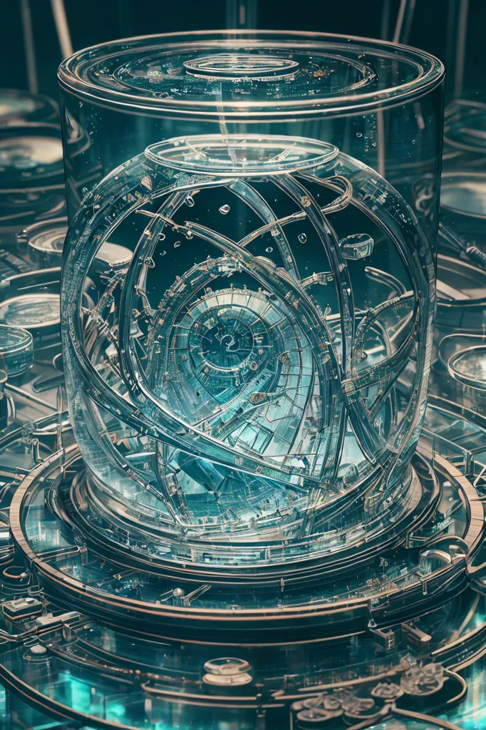 The image is a 3D rendering of a glass container filled with a blue liquid and a complex clockwork mechanism inside. The clockwork mechanism is made up of many gears, cogs, and other mechanical parts, all of which are intricately connected to each other. The container is sitting on a platform with a control panel.