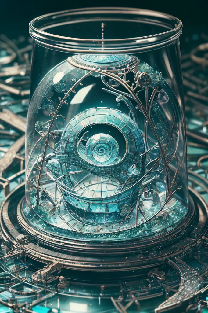 The image is a 3D rendering of a glass jar with a metal lid. Inside the jar is a blue and green steampunk city. The city is made up of many different types of buildings, including skyscrapers, factories, and houses. There are also trees and other plants growing in the city. The jar is sitting on a metal platform. There are a number of gears and other mechanical objects surrounding the jar.