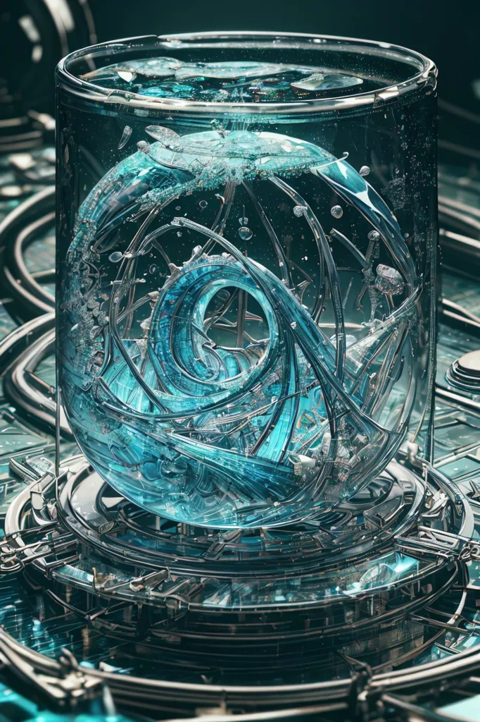 The image is a close-up of a glass container filled with a blue liquid. The liquid is in the form of a vortex which is surrounded by a number of small bubbles. The container is made of glass and has a metal base. The base of the container is decorated with a number of small gears.