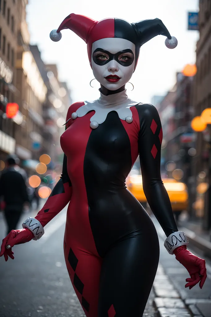 This image shows a cosplayer dressed as Harley Quinn from the DC Comics universe. She is wearing a red and black bodysuit and a jester's hat. Her face is painted white with red and black makeup. She is standing in an urban setting, with a city street in the background.