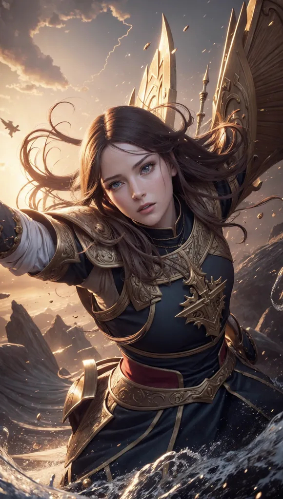 The image is of a beautiful young woman with long brown hair and blue eyes. She is wearing a suit of golden armor and has a large pair of wings made of gold and feathers. She is standing in a rocky landscape with the ocean behind her. The sky is stormy and there are dark clouds in the background.