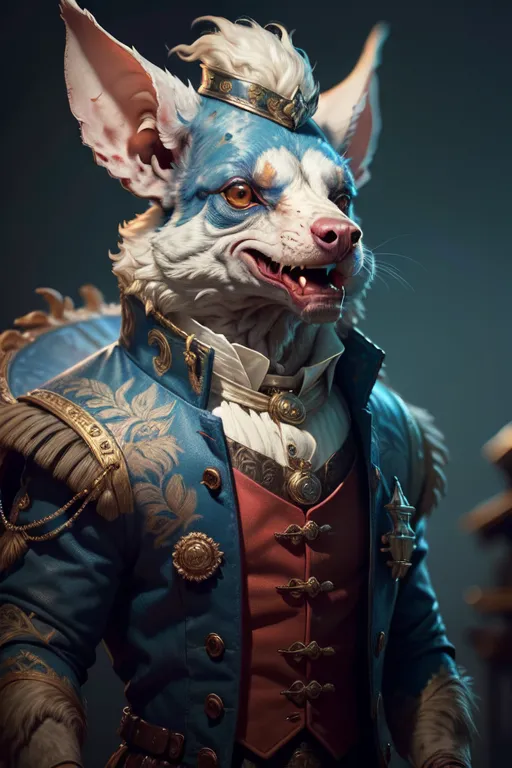 This image shows a white dog wearing a blue and red military-style outfit. The dog has white hair and blue eyes. It is wearing a blue hat with gold trim and a red coat with gold buttons. The dog is standing on its hind legs and has a smug expression on its face.