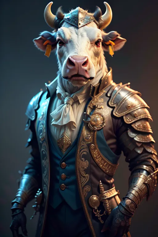 The image is a portrait of a anthropomorphic bull wearing a blue and gold ornate jacket with white lace jabot and cuffs. The bull has a white cow head with golden horns and a ring through its nose. It is wearing a gold breastplate and has a sword at its side. The background is dark grey.