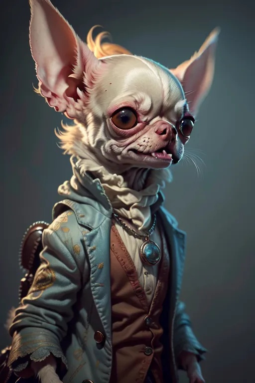 The image shows a steampunk chihuahua. The dog is wearing a blue coat and a brown vest. It has a collar with a blue gem on it. The dog's left ear is up and its right ear is down. It has a serious expression on its face. The background is dark.