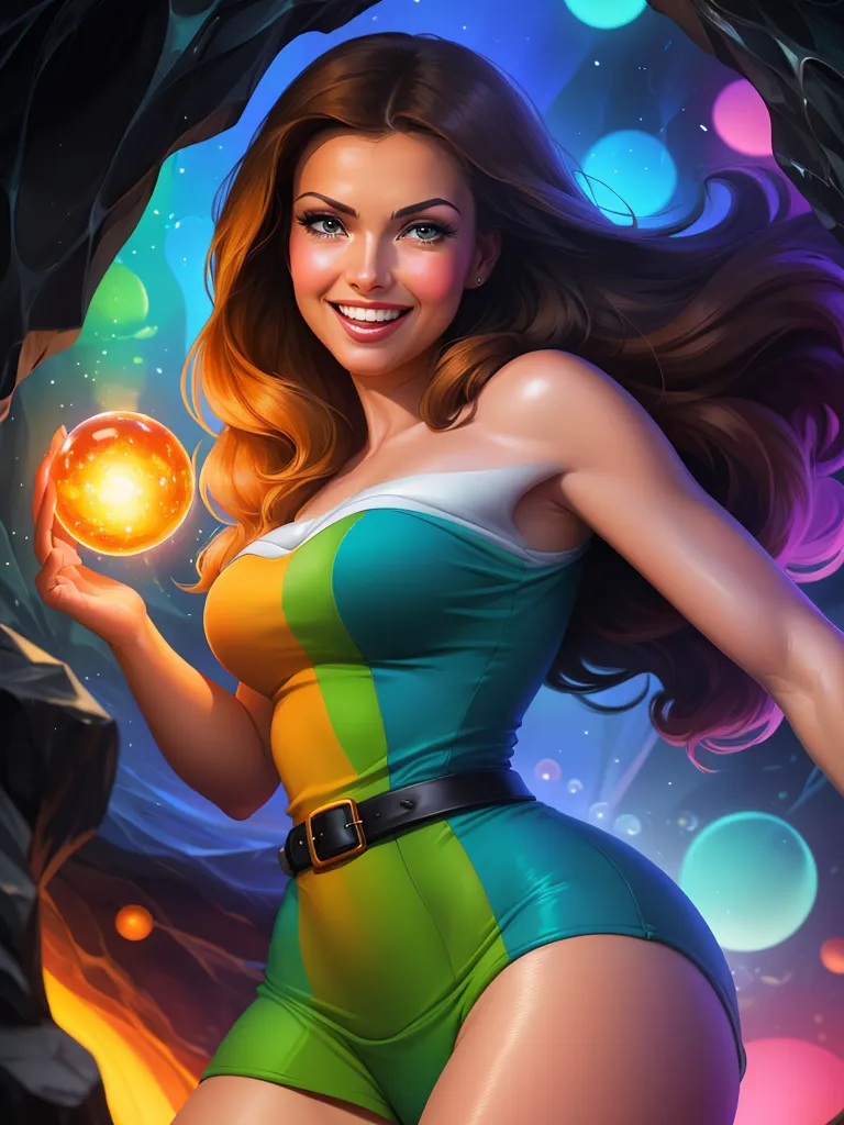 The image is of a beautiful woman with long brown hair. She is wearing a green, yellow, and blue one-piece swimsuit with a brown belt. She is smiling and holding a glowing yellow ball in her hand. She is standing in front of a dark background with colorful lights.