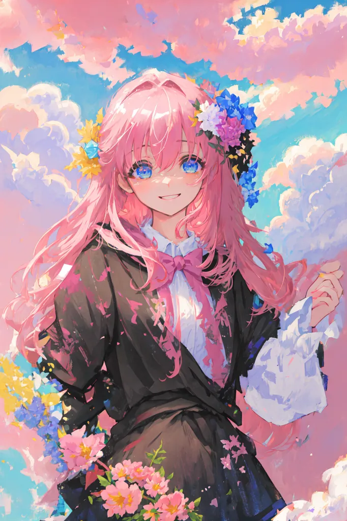 La imagen es una pintura de una niña joven con el pelo rosa y ojos azules. Lleva un vestido negro con cuello blanco y un lazo rosa. Tiene flores en el pelo y a su alrededor. El fondo es un cielo rosa con nubes azules. La pintura está en un estilo realista y los colores son vibrantes y brillantes.