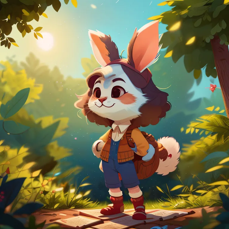 This image shows a cartoon rabbit standing on a wooden platform in a lush sunlit forest. The rabbit is wearing a brown cap, a blue vest with rolled up sleeves, and red shoes. It has brown and white fur, and is carrying a brown satchel on its back. The rabbit has a friendly smile on its face and is looking at the viewer. In the background, there are green trees, grass, and flowers. The sun is shining brightly, and there is a blue sky with white clouds.