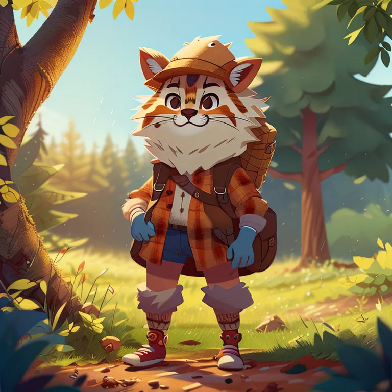 This image shows an anthropomorphic cat wearing a brown hat, a red and black plaid shirt, blue shorts, a brown backpack, and red sneakers. The cat is standing in a forest, surrounded by tall grass and trees. The cat has a friendly expression on its face and is looking at the viewer.