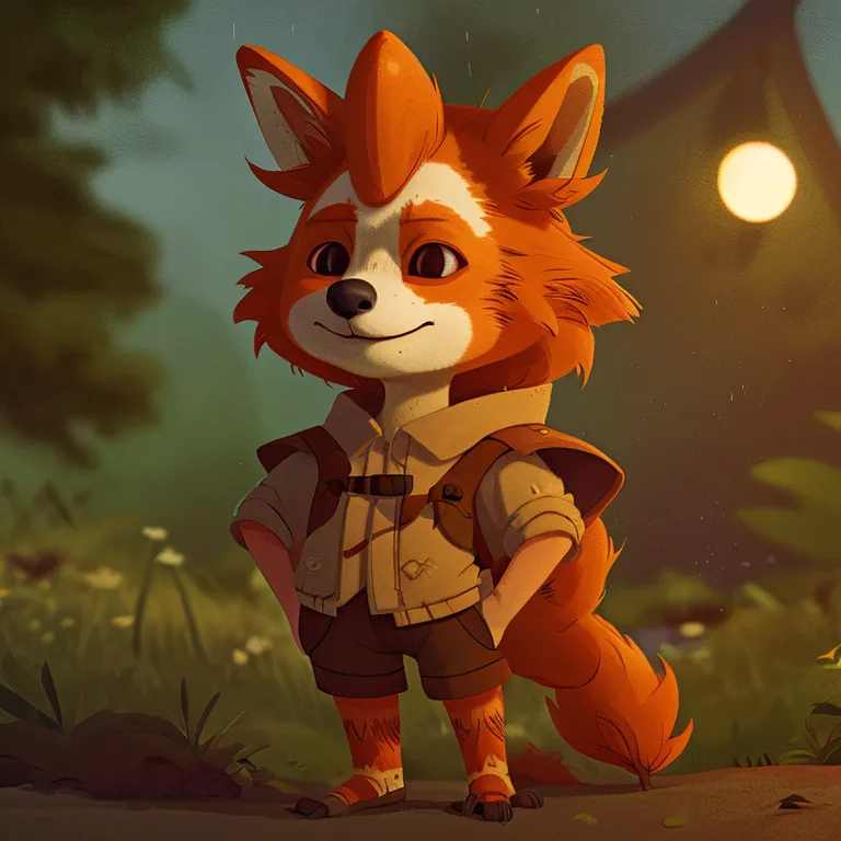 This is an image of a cartoon fox wearing clothes. The fox is standing on the ground, with one hand on its hip and the other hanging by its side. It has a friendly expression on its face. It is wearing a brown shirt with a light yellow belt and dark brown pants. It also has a brown bag hung over its shoulder. The background is a blurred forest with a bright moon in the sky.