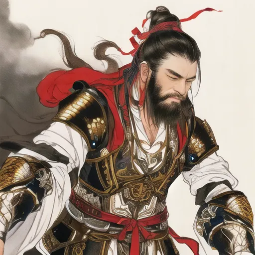 La imagen es una pintura de un guerrero chino. Está vestido con una armadura china tradicional y tiene una barba larga. Su cabello está recogido en un moño y está sosteniendo una espada. El fondo es un blanco simple, con algunos acentos rojos. La pintura está hecha en un estilo realista y el guerrero se representa de una manera heroica e idealizada.