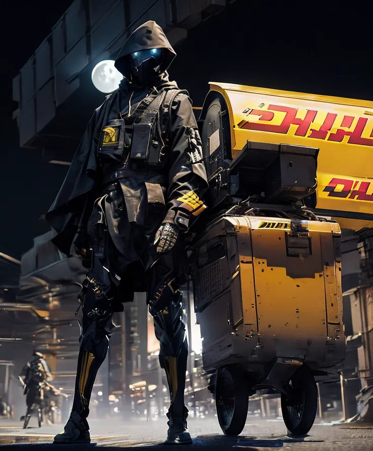 Un livreur futuriste se tient dans une ruelle sombre. Il porte une armure noire et jaune et un casque avec une visière. Il transporte un grand conteneur jaune avec le mot \