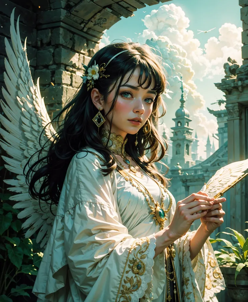 This image shows a beautiful, young woman with long, flowing brown hair. She is wearing a white dress with a gold necklace and has a gold and white headpiece in her hair. She also has large, white wings. She is standing in front of a stone building with a large, arched doorway. There are plants growing around the doorway and the sky is blue and cloudy.