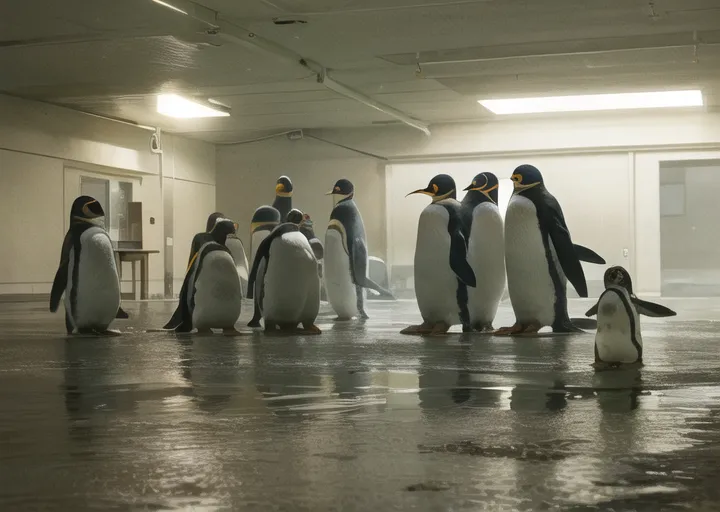 Un grupo de pingüinos está parado en un piso de concreto mojado. Los pingüinos son de diferentes tamaños y edades. Están mirando alrededor de la habitación, que está iluminada por luces brillantes. Hay una puerta a un lado de la habitación y una mesa al otro lado. Los pingüinos están vestidos con esmóquines negros y blancos. Están parados en grupo, pero no están apiñados. Parecen estar esperando algo.