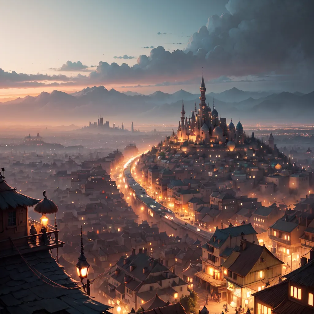 The image is a painting of a fantasy city. The city is built on a hill and is surrounded by mountains. There is a river running through the city and a large castle on the top of the hill. The city is lit by streetlights and there are people walking around. The sky is dark and cloudy.