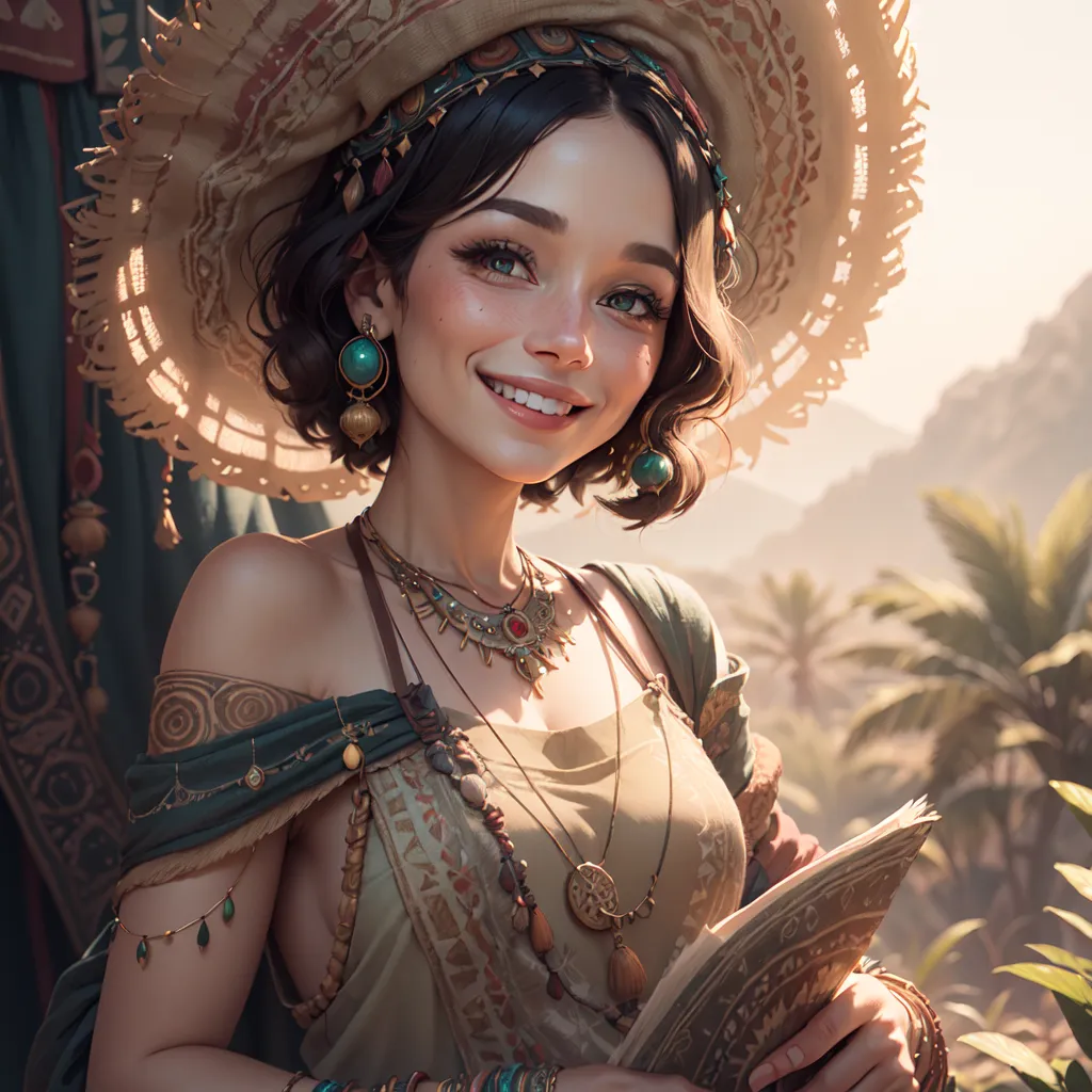 The image shows a beautiful young woman with short brown hair and green eyes. She is wearing an elaborate headdress and a green and gold dress. She is smiling and holding a book. The background is a jungle scene with palm trees and mountains.