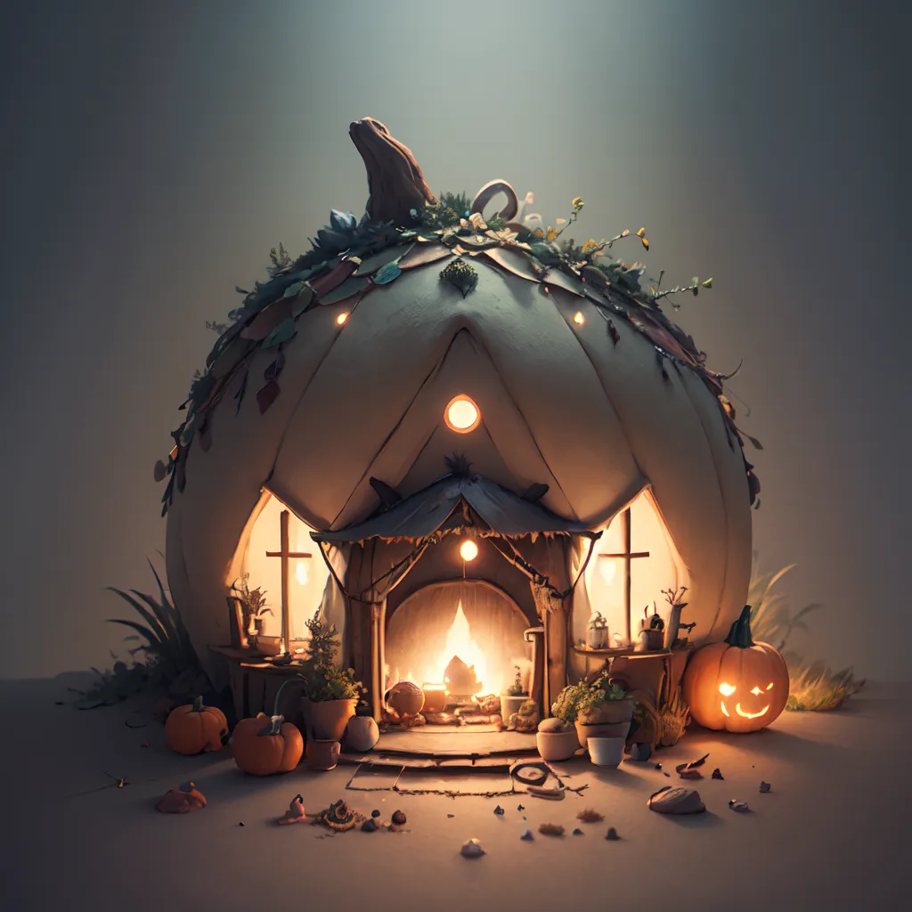 The image shows a pumpkin house with a brown roof. The house has a door and two windows. There is a chimney on the roof. The house is decorated with leaves and flowers. There are pumpkins and other vegetables in front of the house. There is a tree next to the house. The house is lit by a warm light. The image has a cozy and inviting atmosphere.