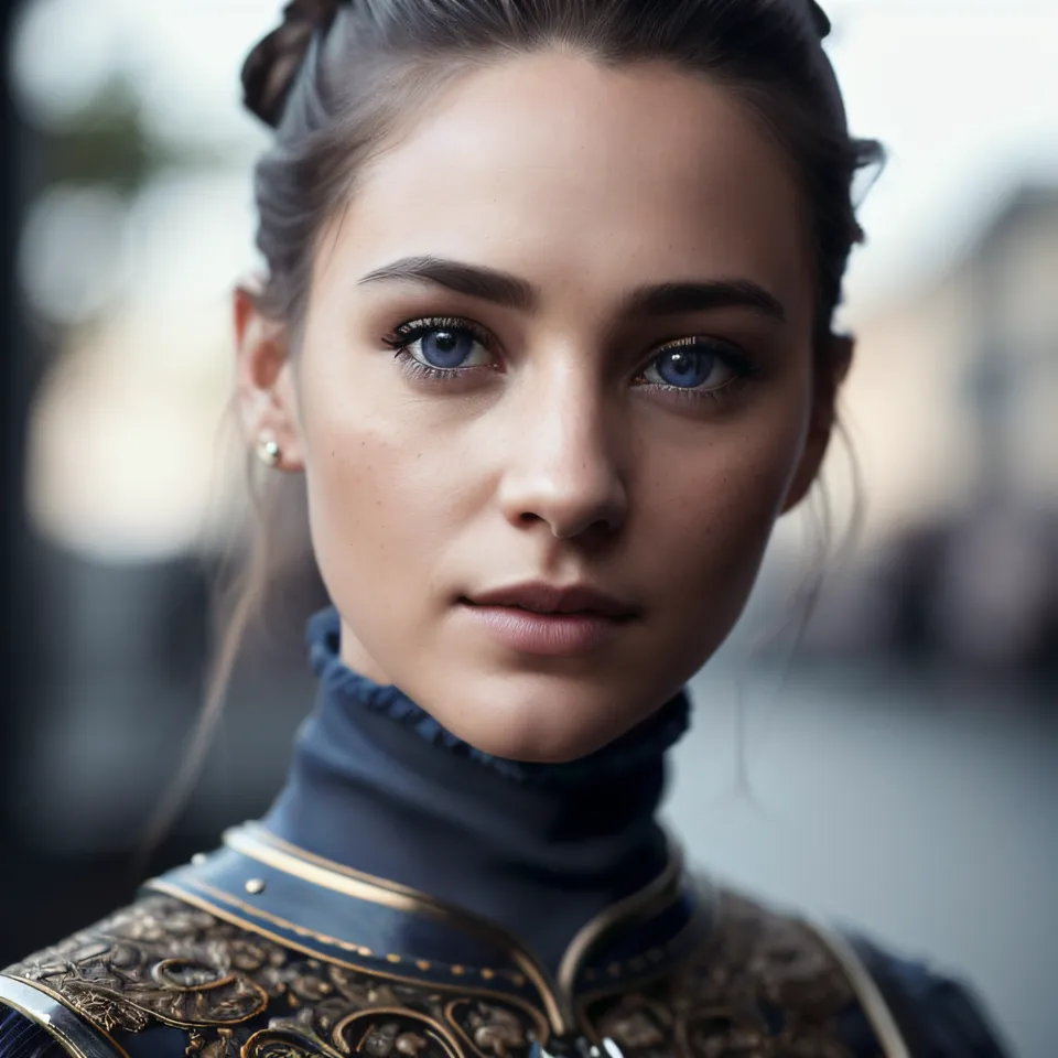 The image is a portrait of a young woman with long brown hair and blue eyes. She is wearing a blue turtleneck sweater and a piece of golden armor. The background is blurred, and the woman's expression is serious.